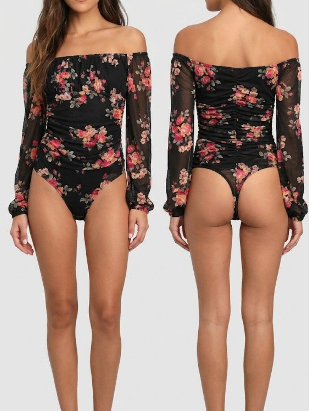 Lulus Floral Mesh Off Shoulder Bodysuit Romantic Sheer Sleeve XS